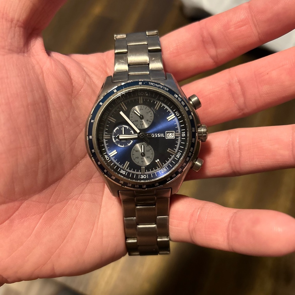 Two tone Gunmetal and blue Fossil watch